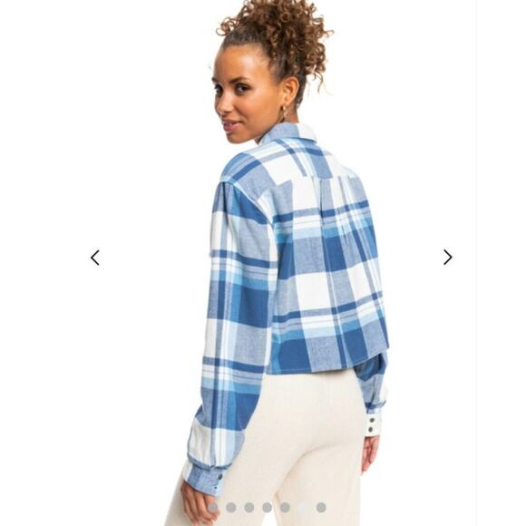 ROXY Both Ways Plaid Long Sleeve Cropped Button Up in Blue, sz Large - Picture 8 of 16